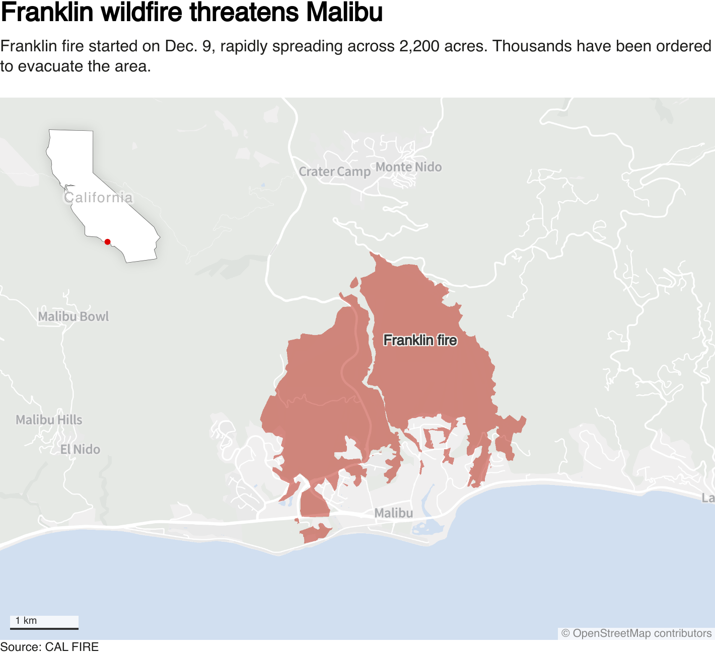 A map of the Franklin wildfire. The fire is north of the Malibu, California.