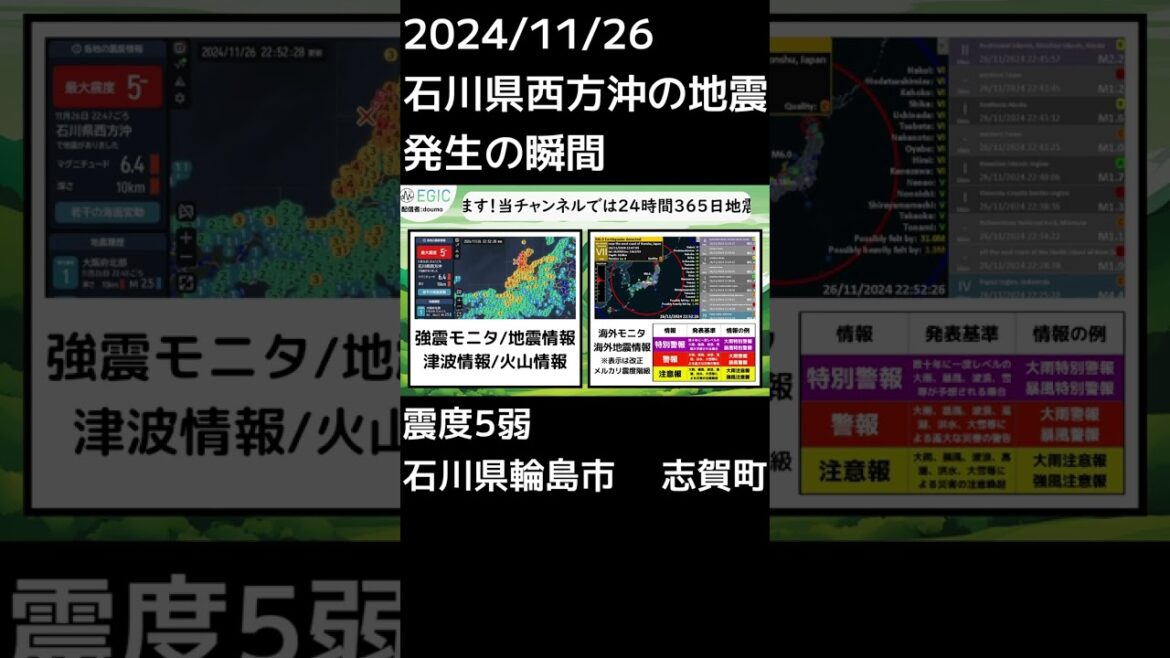 2024/11/26 石川県西方沖の地震 発生の瞬間 #地震 #緊急地震速報 #震度5弱 #news #ショート #地震情報 #地震速報 #南海トラフ #津波 #青森県 #shorts #防災