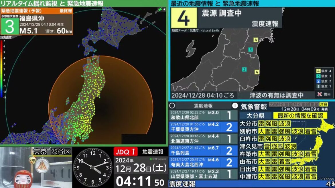 【地震】福島県沖　震度４　M5.1（2024/12/28 4:10ごろ　切り抜きアーカイブ）