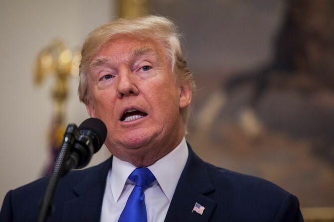 2017年8月2日、ホワイトハウスのルーズベルト・ルームで、強い経済のための米国移民改革（RAISE）法の導入について発表するドナルド・トランプ米大統領。