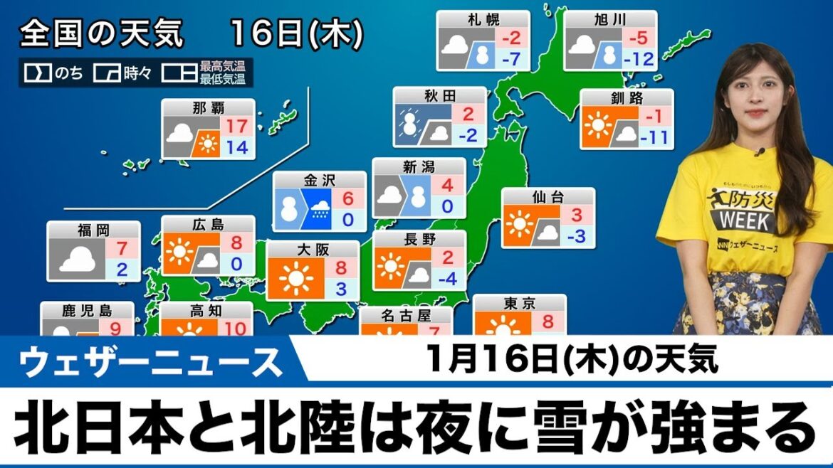 【1月16日(木)の天気予報】 北日本と北陸は夜に雪が強まる　関東は真冬の寒さに
