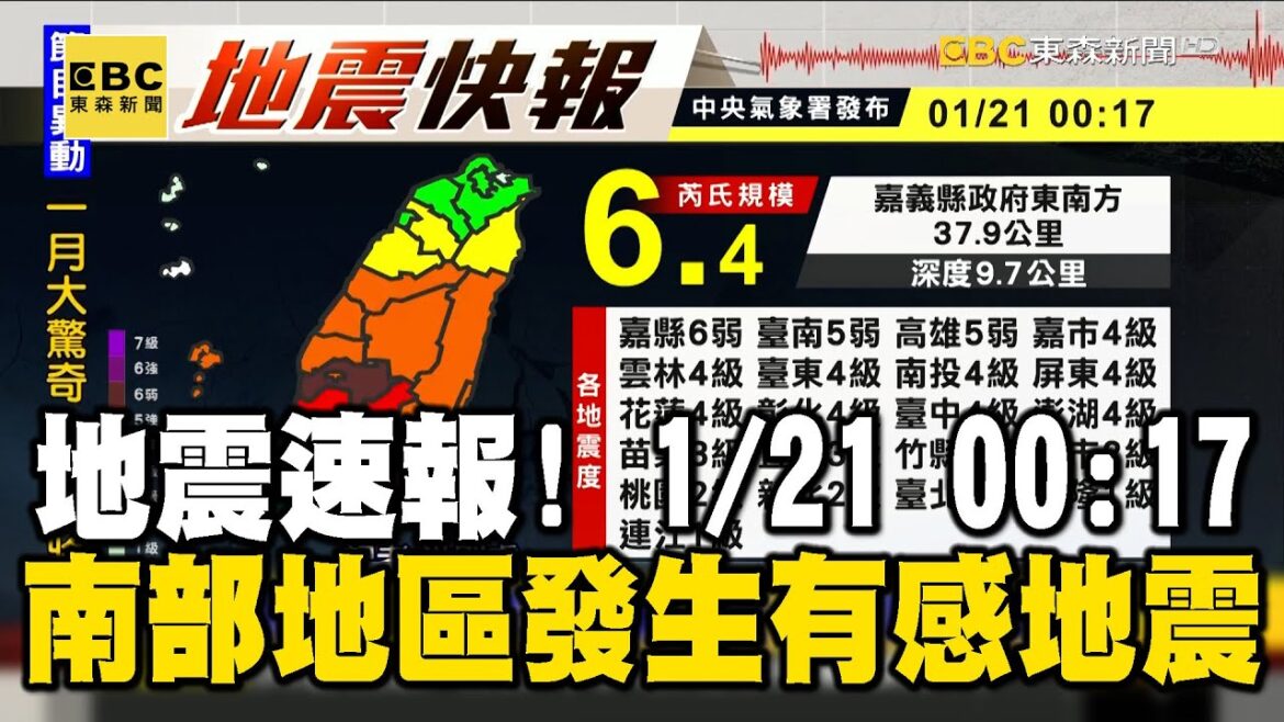 地震速報！ 01/21 00:17左右 南部地區發生有感地震 @newsebc