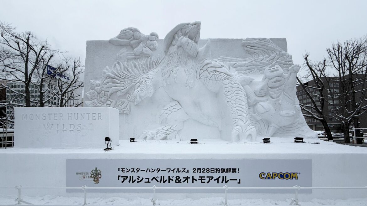 「モンスターハンターワイルズ」鎖刃竜アルシュベルドとオトモアイルーの大雪像を2025さっぽろ雪まつりで公開 - 4Gamer.net