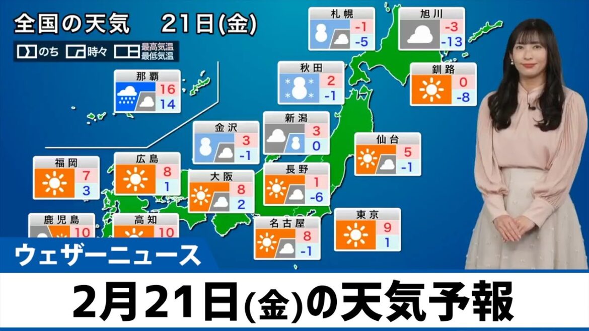 【2月21日(金)の天気予報】日本海側は雪の降る空　太平洋側も寒さが続く