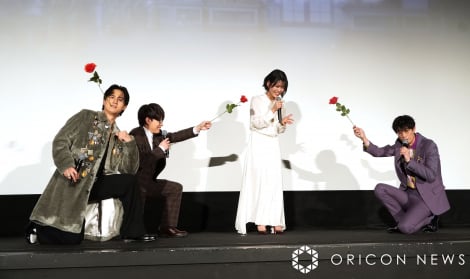 劇場アニメ『ベルサイユのばら』大ヒット記念舞台あいさつに登壇した（左から）武内駿輔、豊永利行、沢城みゆき、江口拓也 （C）ORICON NewS inc. 