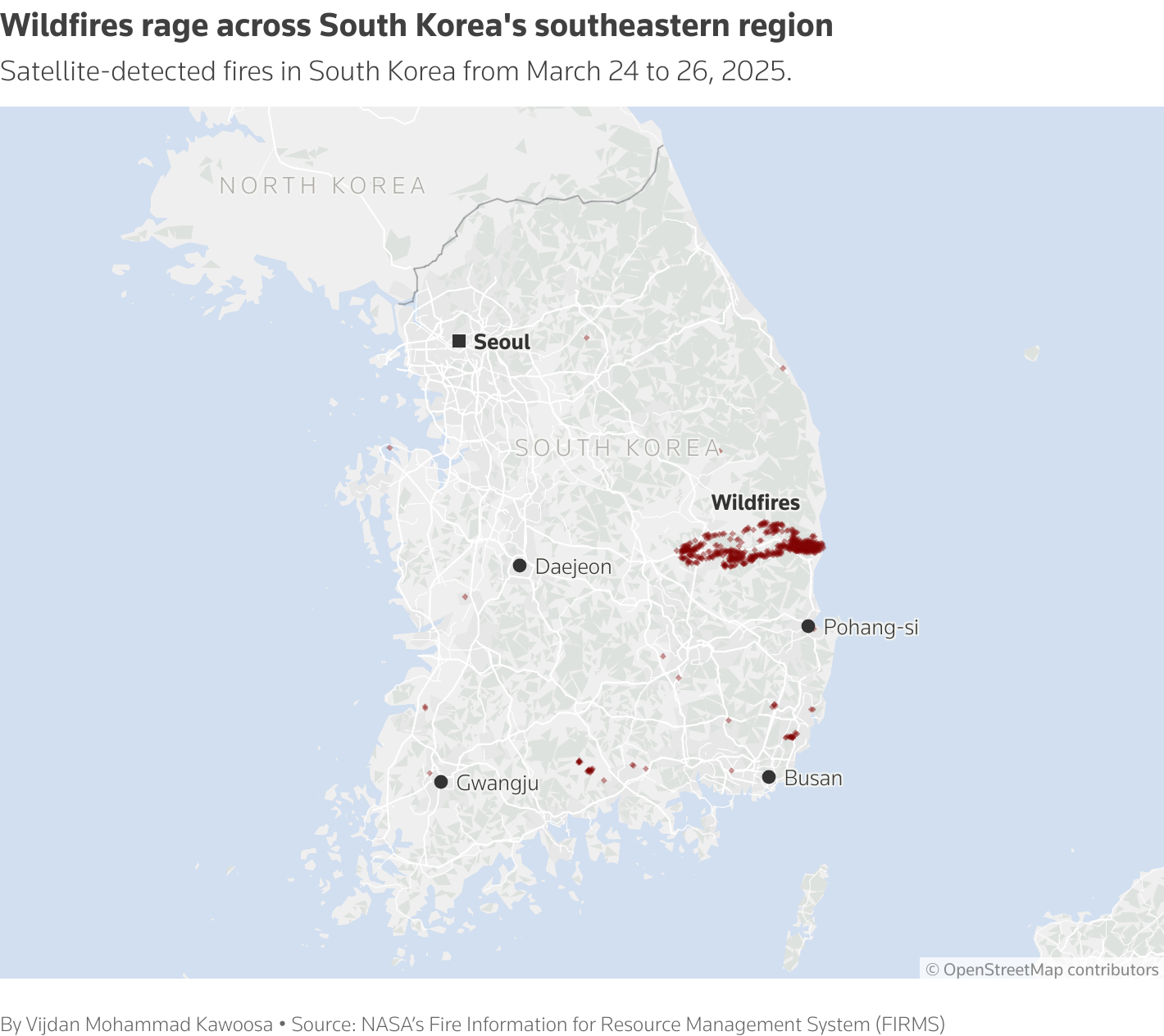 Map of South Korea shows satellite-detected fires in the country from March 24 to March 26, 2025.