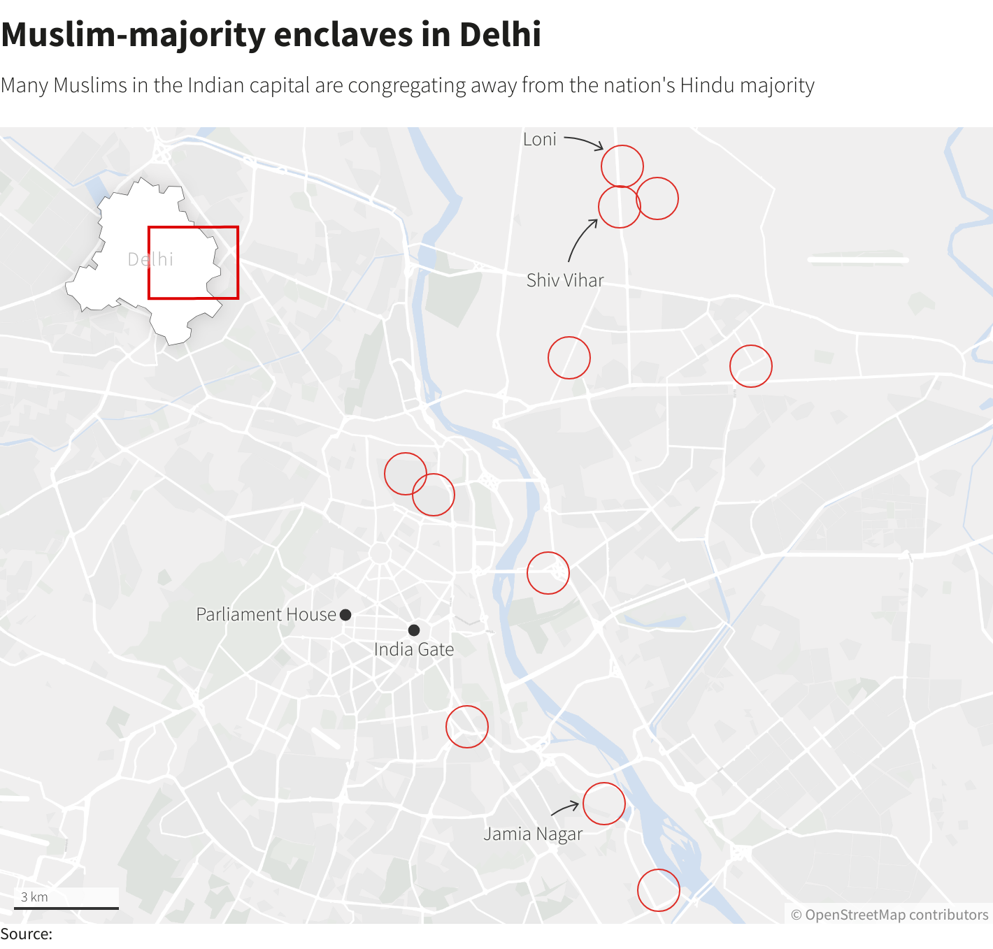 A map showing Muslim-majority enclaves in Delhi