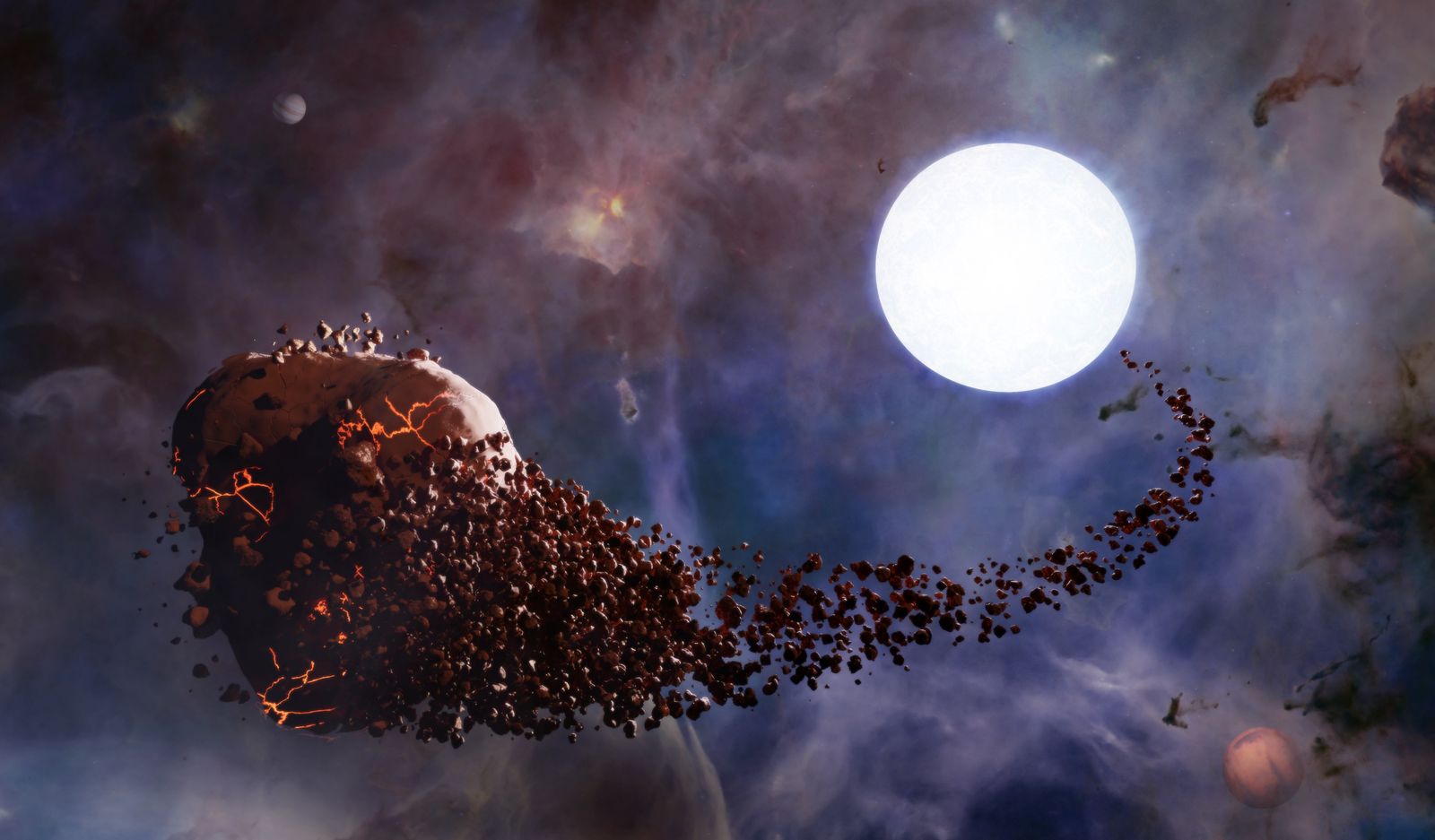 研究結果を解説したイラスト。WD 2226210を公転する惑星がWD 2226210に接近しすぎて、その引力で破壊される様子が描かれている。イラストの左上と右下に描かれているのは同じ恒星系に属する別のふたつの惑星だ。WD...
