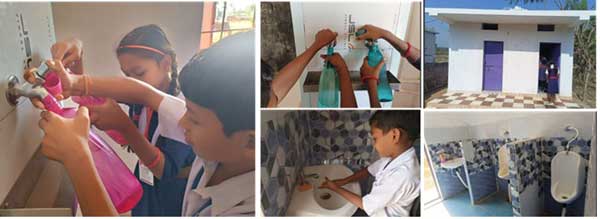 飲料用給水施設(左、中上)、男女別のトイレ(中下、右)