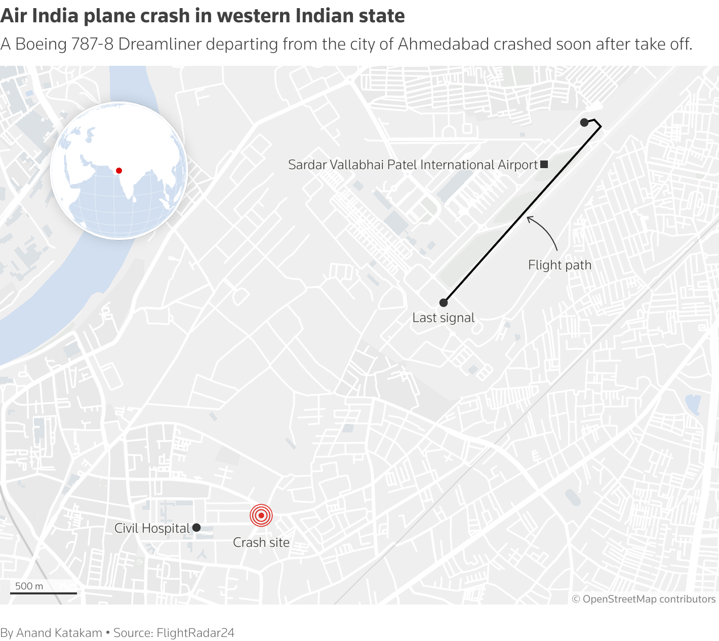 A map showing the flight path of the aircraft from the airport and the approximate crash site based on social media images.