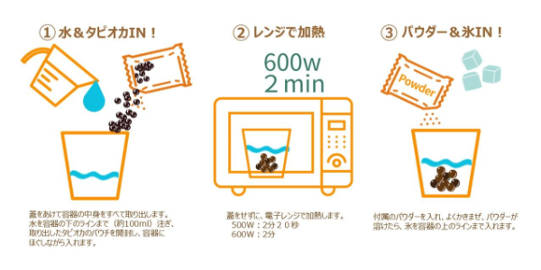 本格タピオカドリンクがレンジで作れる、台湾発「プーリータピオカドリンク（BobaTea）」の作り方3ステップイラスト