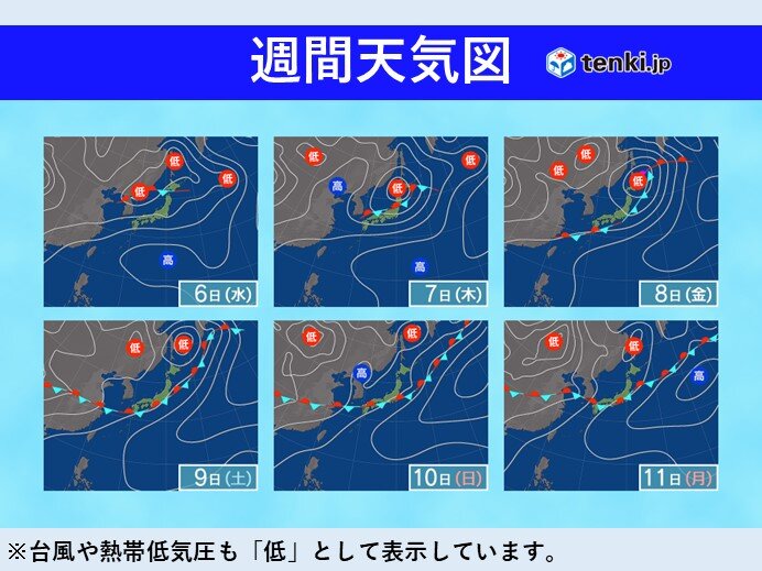 5日(火)～11日(月)　7日(木)は広く雨　強い日差しと猛烈な暑さが収まる