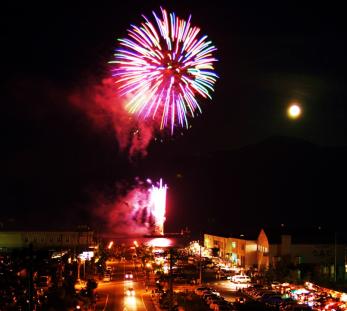 ピンクや緑など色とりどりの色の花火が大きく夜空に打ち上っている写真