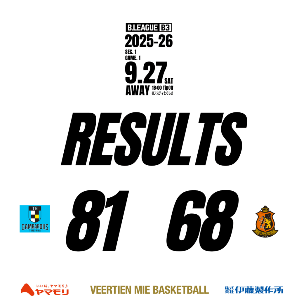 2025-26シーズン 第1節 AWAY GAME1 vs 徳島ガンバロウズ 試合結果