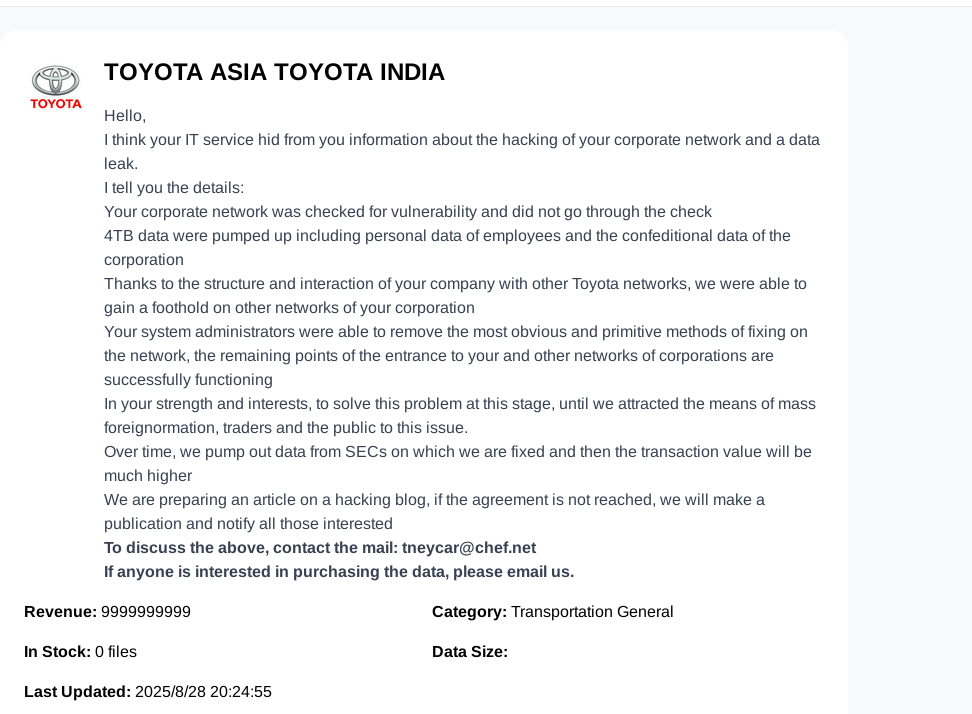 BlackNevasのトヨタアジアとトヨタインドへの犯行声明