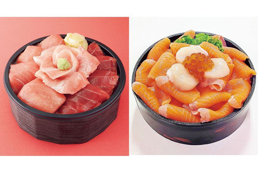 「高島屋大阪店」より（写真左）「クロマグロ専門工房 鮪斗」戸井鮪三昧（1折3240円・各日限定50個）、（写真右）「小樽駅構内立売商会」北海道大雪サーモン丼（1折2861円・各日限定50個）