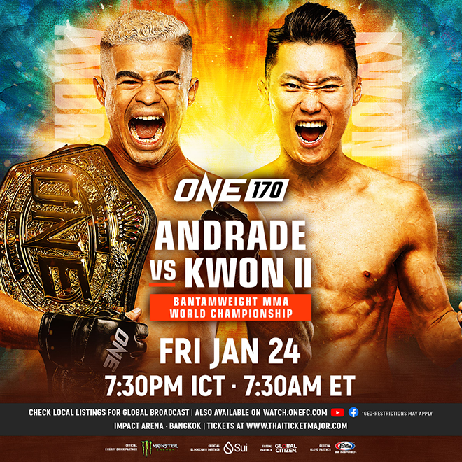 第6代ONE Championship総合格闘技バンタム級チャンピオンのファブリッシウ·ジアンドロジー、タイトル挑戦者のクォン·ウォンイル。 사진=Group One Holdings Pte. Ltd.