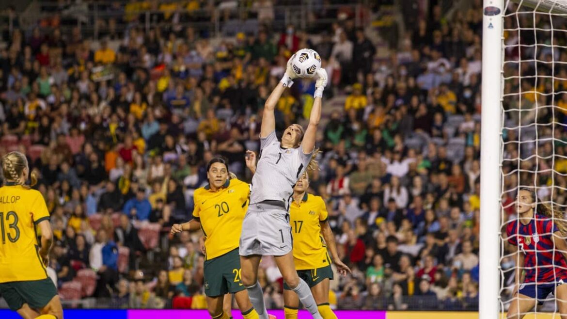Lydia Williams catching the ball to prevent a goal in a Matilda’s game - Image Tiffany Williams.jpg
