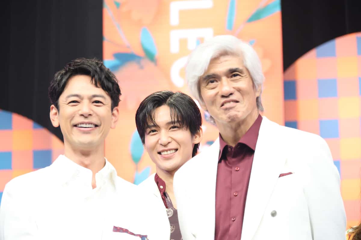 日曜劇場「ザ・ロイヤルファミリー」に出演する（左から）妻夫木聡、Snow Man目黒蓮、佐藤浩市