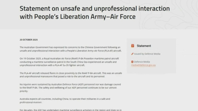南シナ海上でオーストラリア空軍の哨戒機に中国軍の戦闘機がフレア発射 今年2度目 中国側に抗議