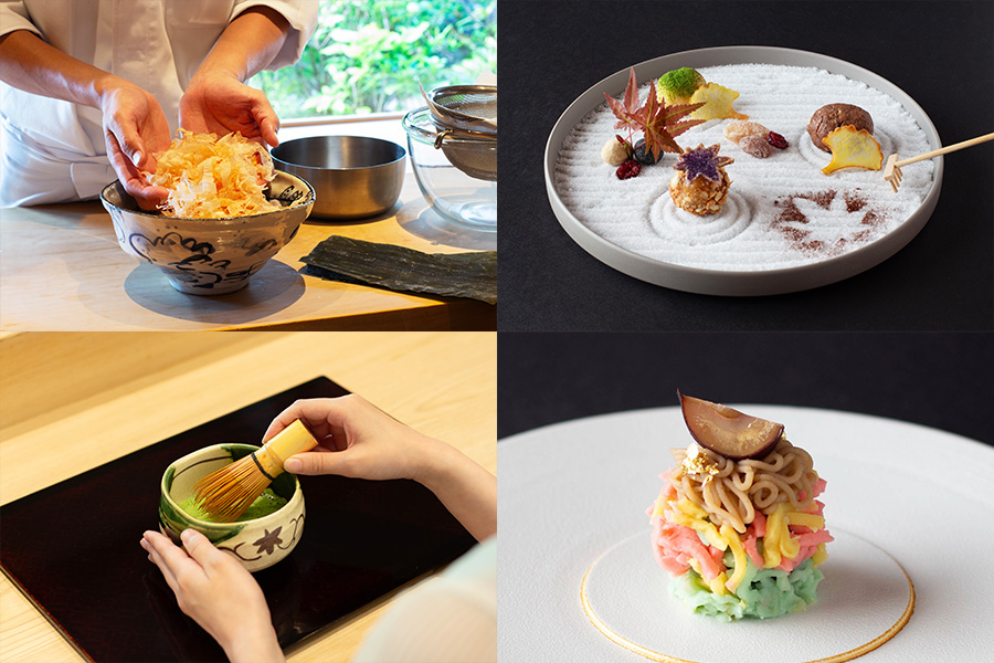 「ウェスティンホテル大阪」（大阪市北区）の『体験型和フタヌーンティー』でできる4つの体験。左上から時計回りに、出汁体験、庭づくり体験、職人の技体験、茶の湯体験