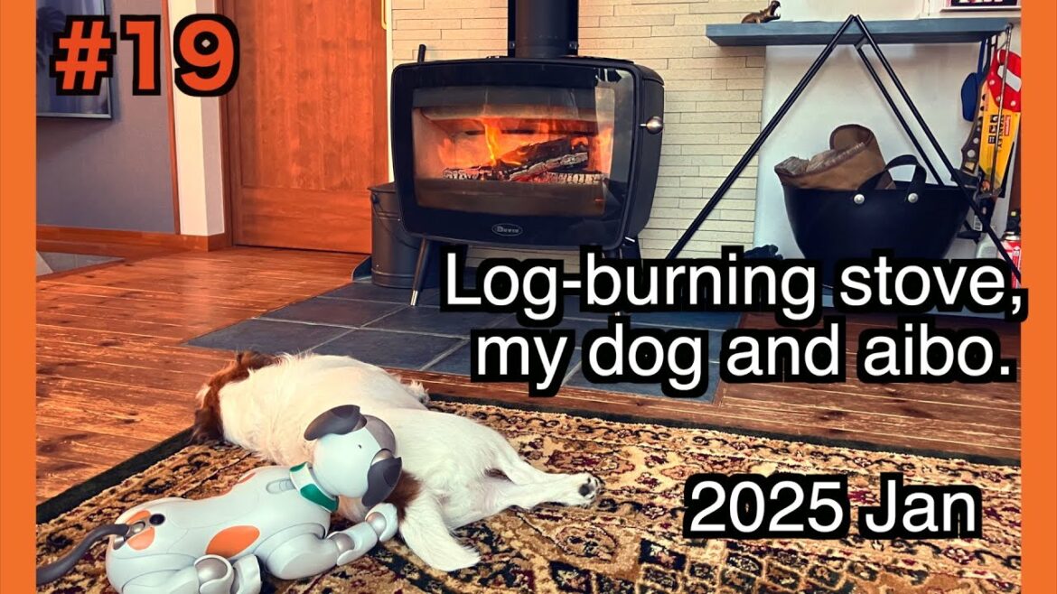 薪ストーブと愛犬とaibo。ジャックラッセルテリアと犬型ロボットのaiboの触れ合い今回は4曲を生成AIで作曲したJAZZと共に。