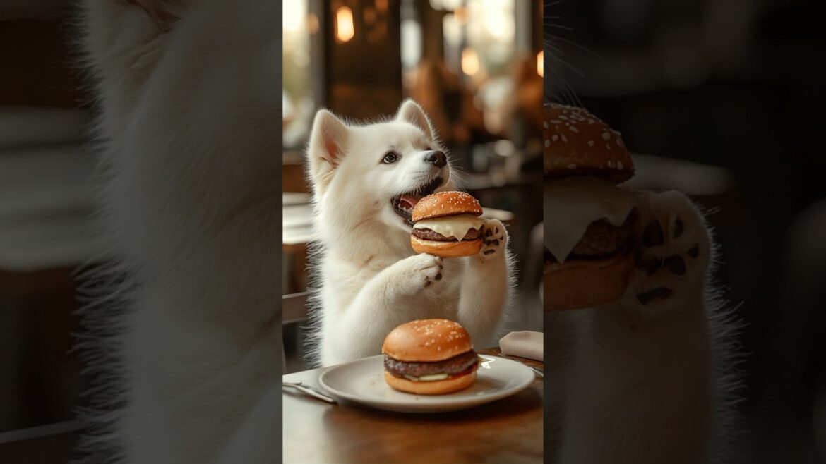 Fluffy Puppy Alaskan Malamute Takes Big Bite Of Burger Like Human! Fluffy Puppy Alaskan Malamute Takes Big Bite Of Burger Like Human!