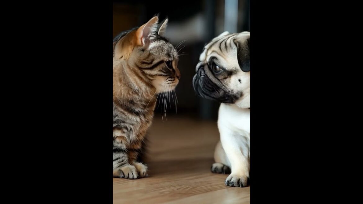 A standoff between the cat and the pug #cat #pug #meow