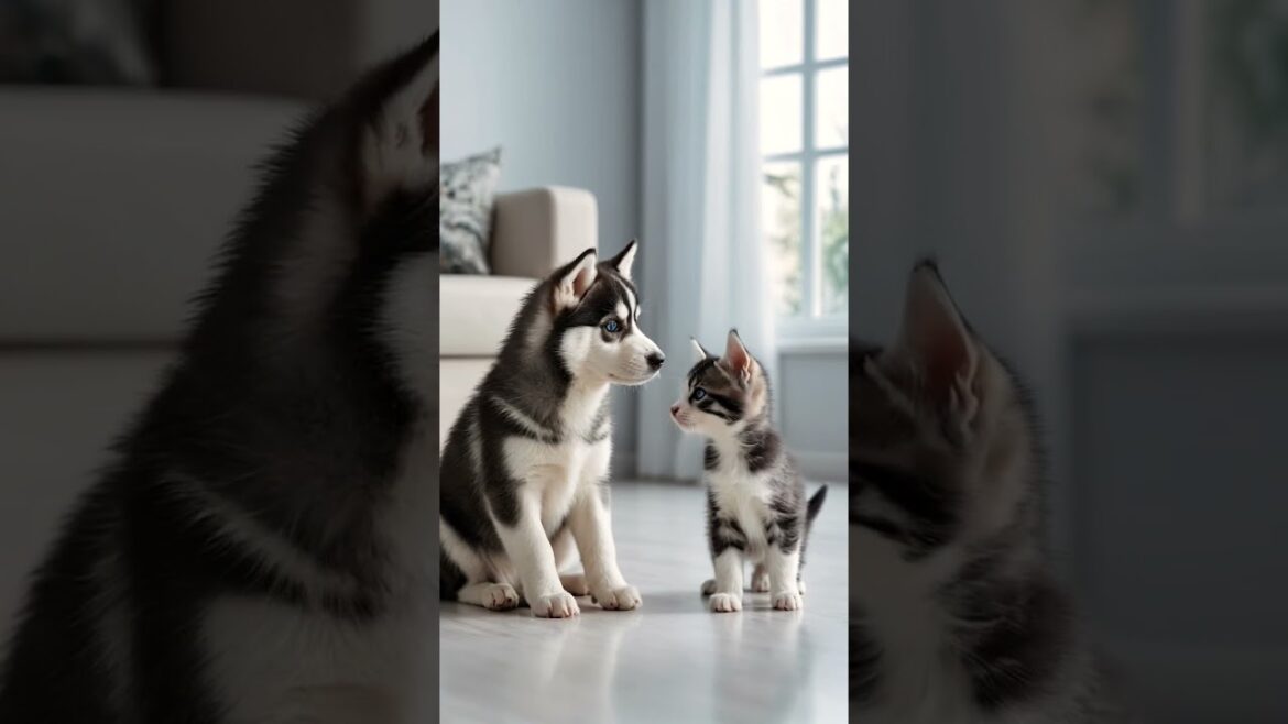 Husky Puppy and Kitten Become Best Friends From Day One |  #cute  #kitten #puppy #shorts