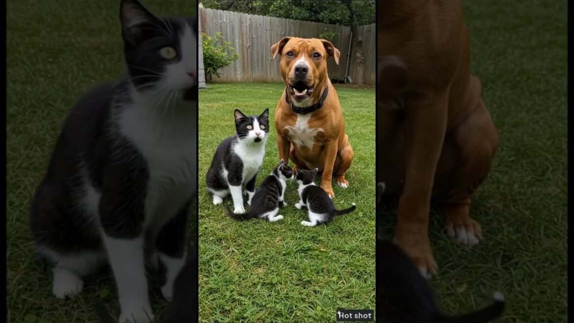 Curious cat and American Staffordshire Terrier react to baby kittens.