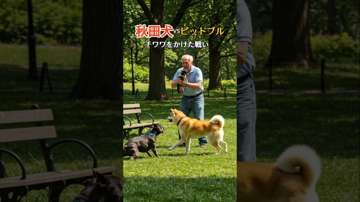 突進するピットブルに立ちふさがる秋田犬、静寂が破れた公園