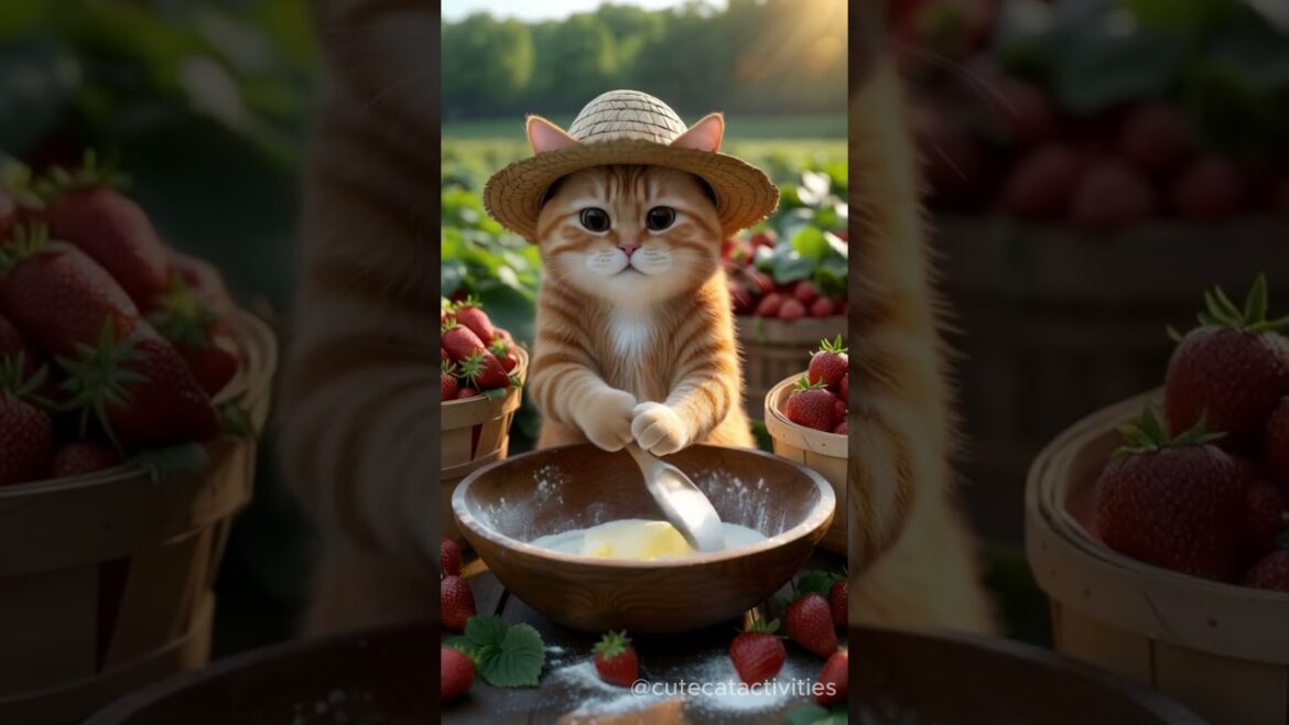 Orange cat cooking strawberry cake #orangecatcooking #orangecat #catshorts