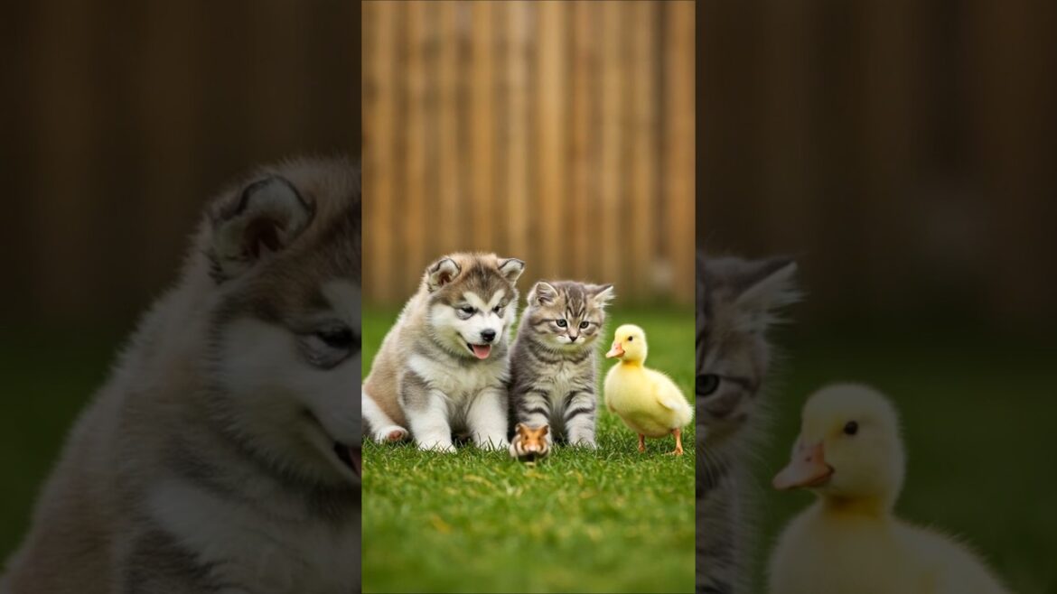 Baby Malamute, Kitten & Duck Watching a Hamster Play