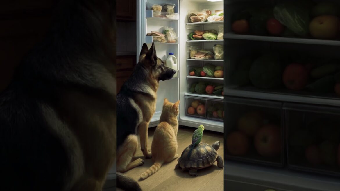 Animal Friends Looking Inside an Open Fridge