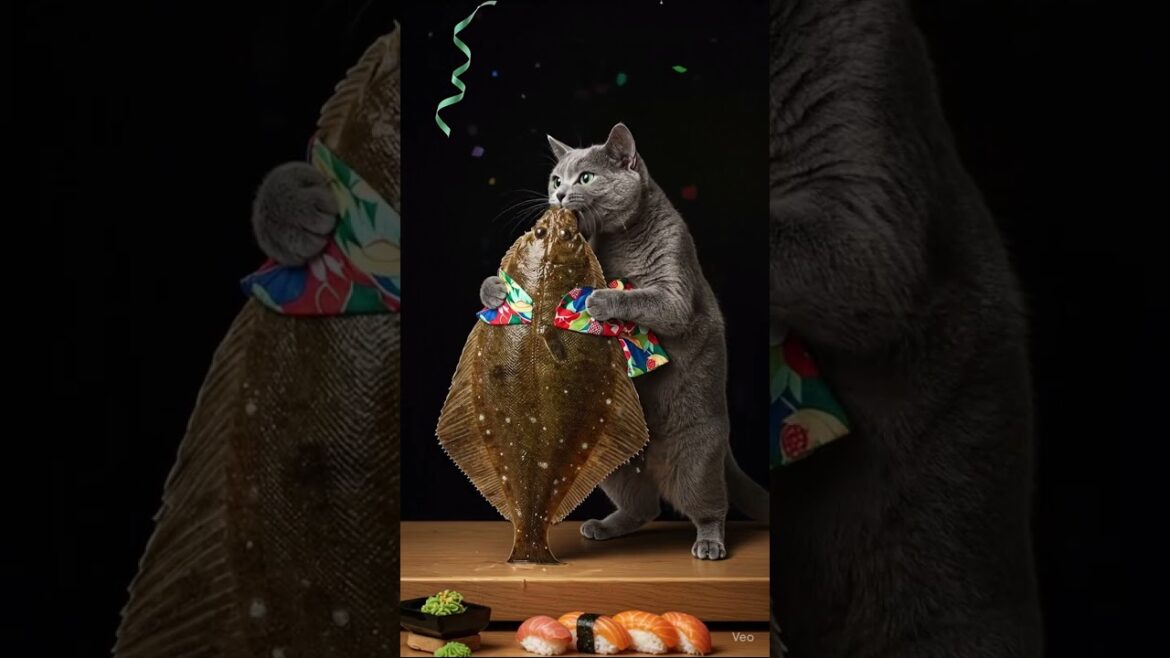 Cat chef dances with a flounder.