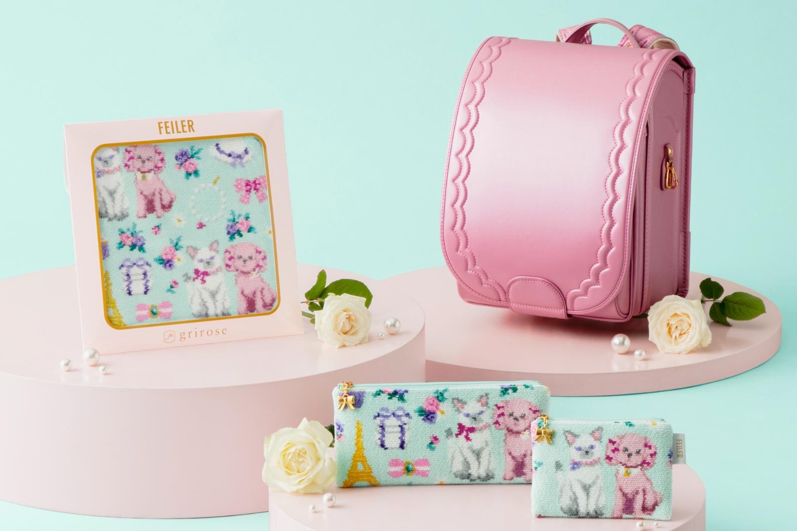 フェイラー“リボンでおめかし”猫＆犬柄シュニール織ハンカチ、土屋鞄のランドセル「グリローズ」とコラボ | 写真