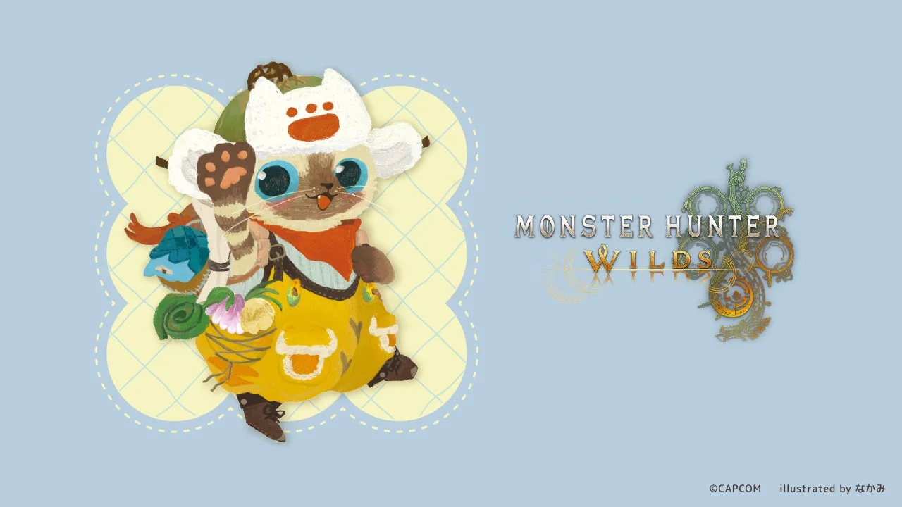 モンスターハンターワイルズのオトモアイルーとタイトルロゴ