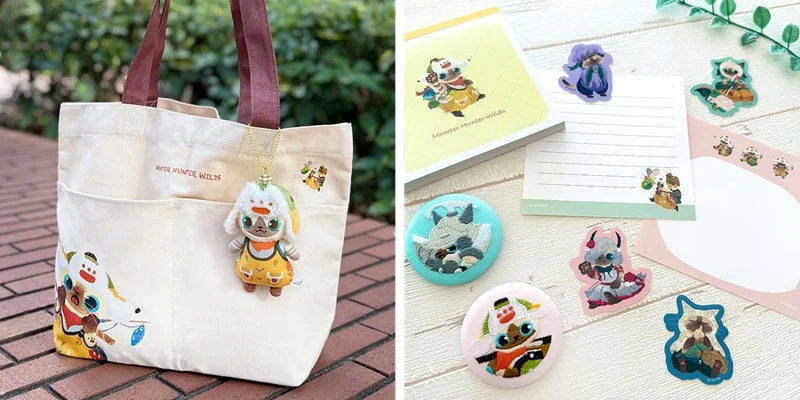 オトモアイルーのマスコット、トートバッグ、ミニステッカー、メモ帳、缶バッジ