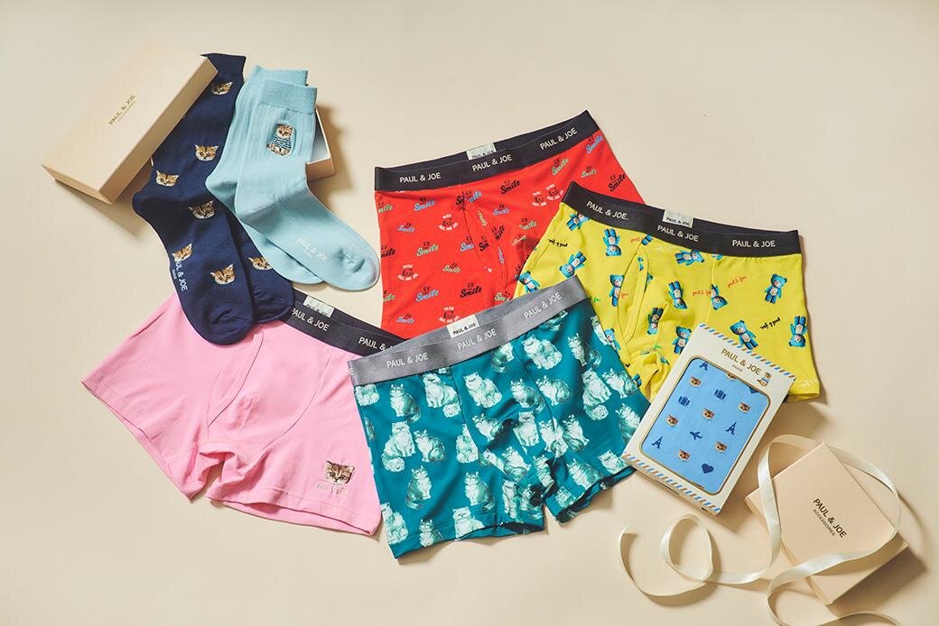 左上から時計回り：ヌネットフェイスソックス 1,650円、お座りヌネットソックス(ユニセックス) 1,650円、キュートキティアンダーウェア 3,850円、ブルーベアアンダーウェア 3,850円、ヌネット＆ジプシーアンダーウェア 3,630円、ヌネットアンダーウェア 3,630円、バレンタインコレクションアンダーウェア 3,850円