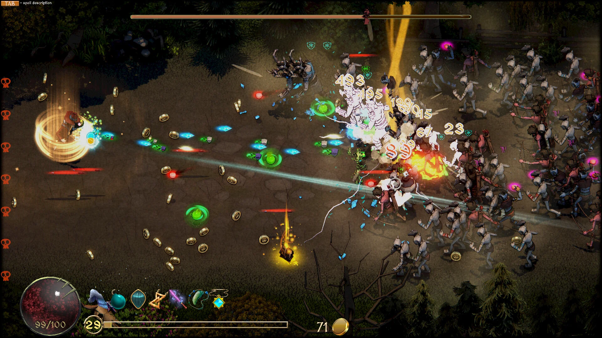 多数の敵に囲まれて戦う、魔法エフェクトが飛び交うゲームプレイ画面
