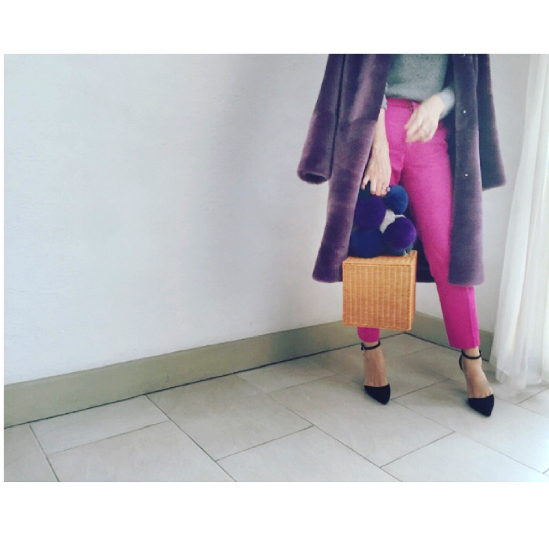 神崎恵: ピンクとパープル coat #mylan knit #drawer pants #drawer 